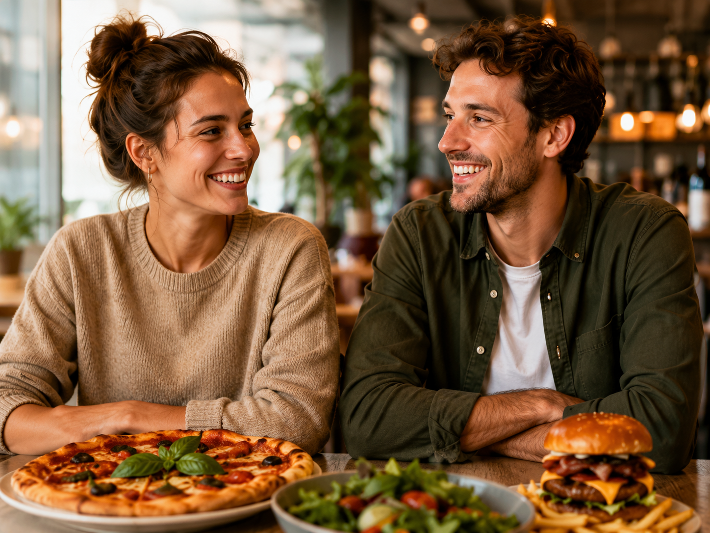 Zwei Gäste sitzen lachend beim Essen im Restaurant